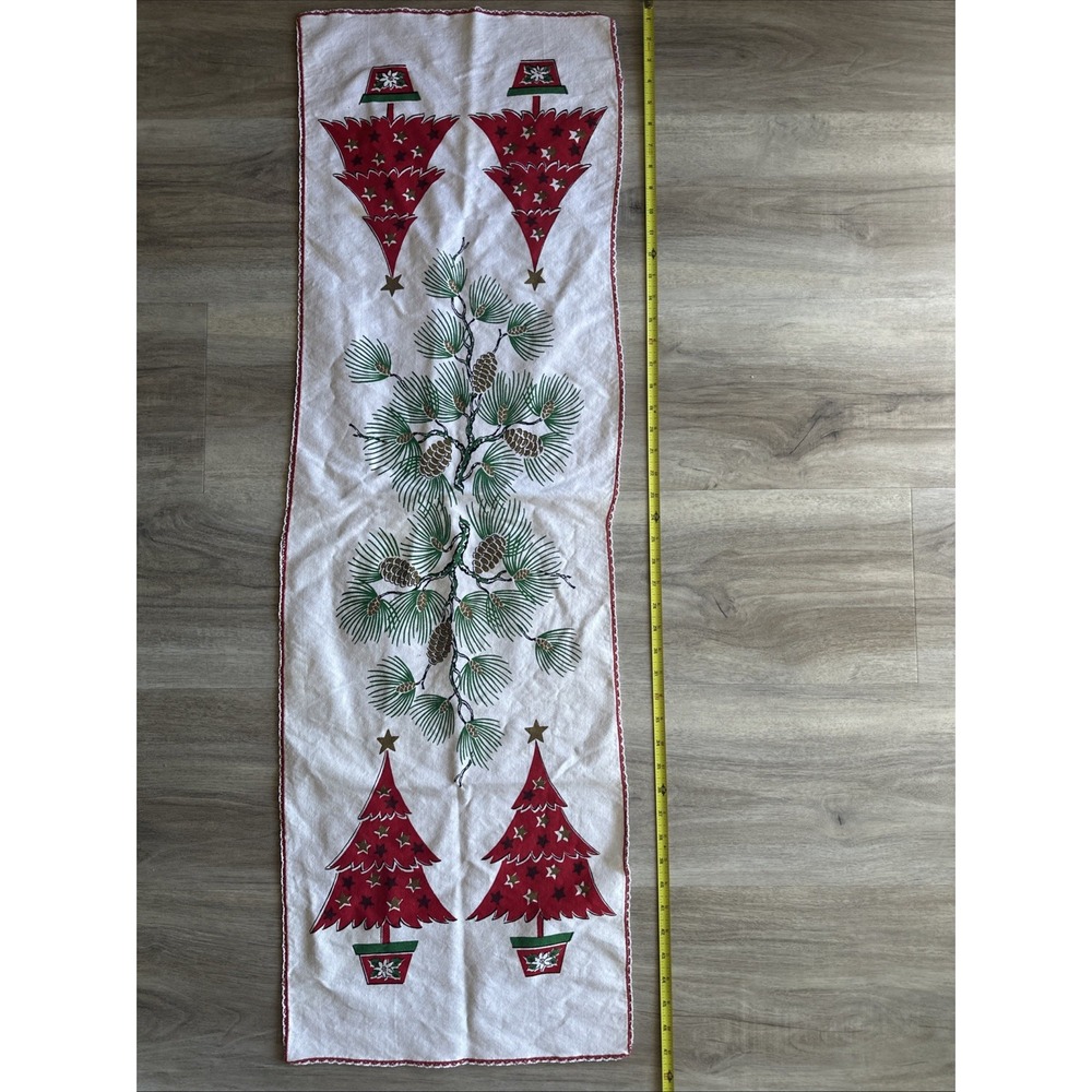 Vintage Christmas Table Runner Trees Pine